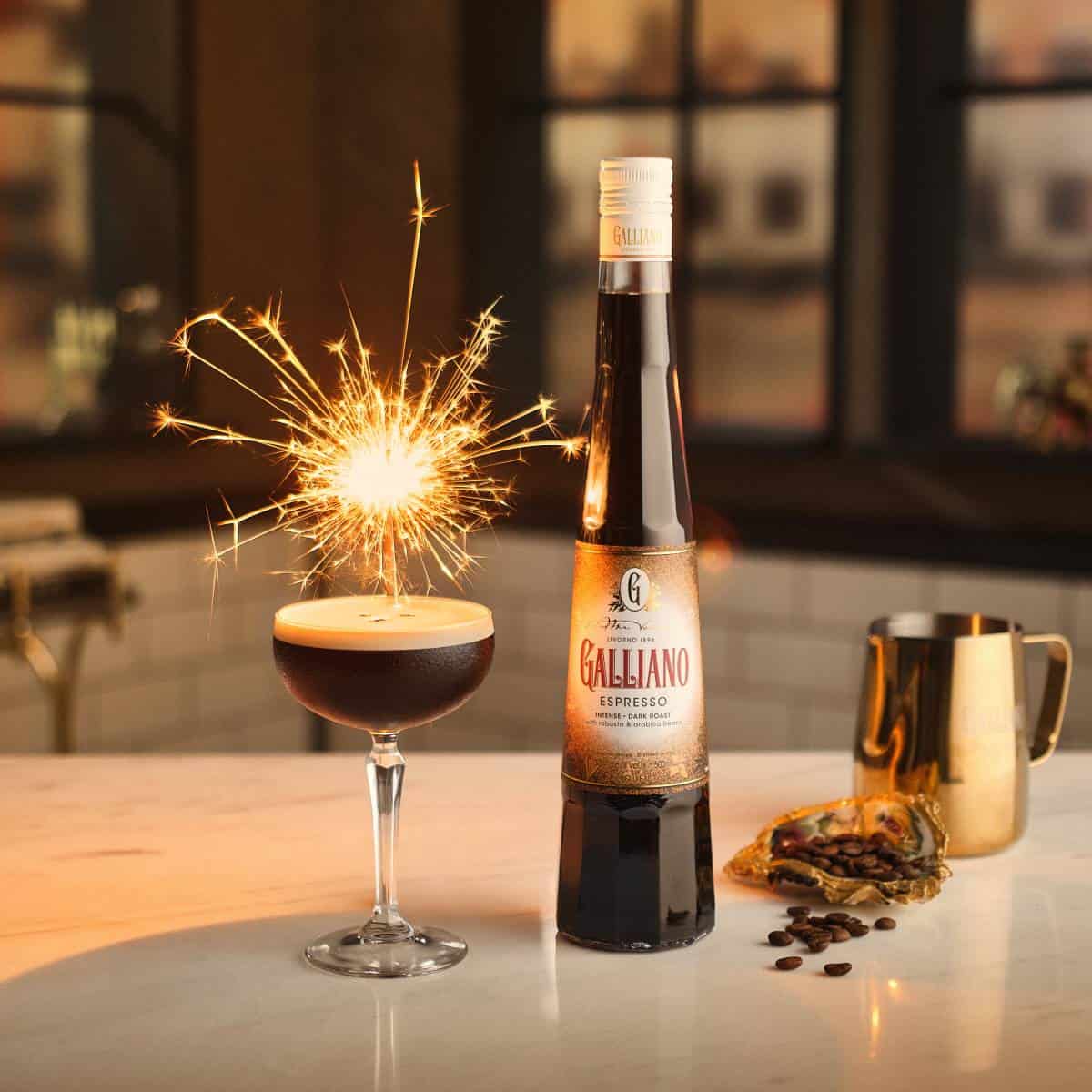 Espresso Martini cocktail with an espresso liqueur bottle and fireworks